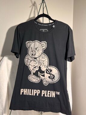 Philipp Plein Black Tee with Beige Teddy and Logo Print